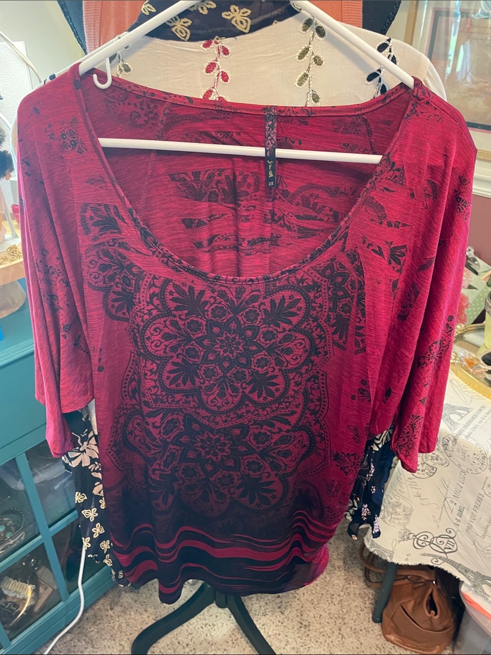 Boho Floral Scoop Neck Women's Top - Red. By Judith